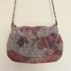 Vintage Mesh Metal Mauve Floral Art Nouveau Clutch Purse With Chain Handle Bag